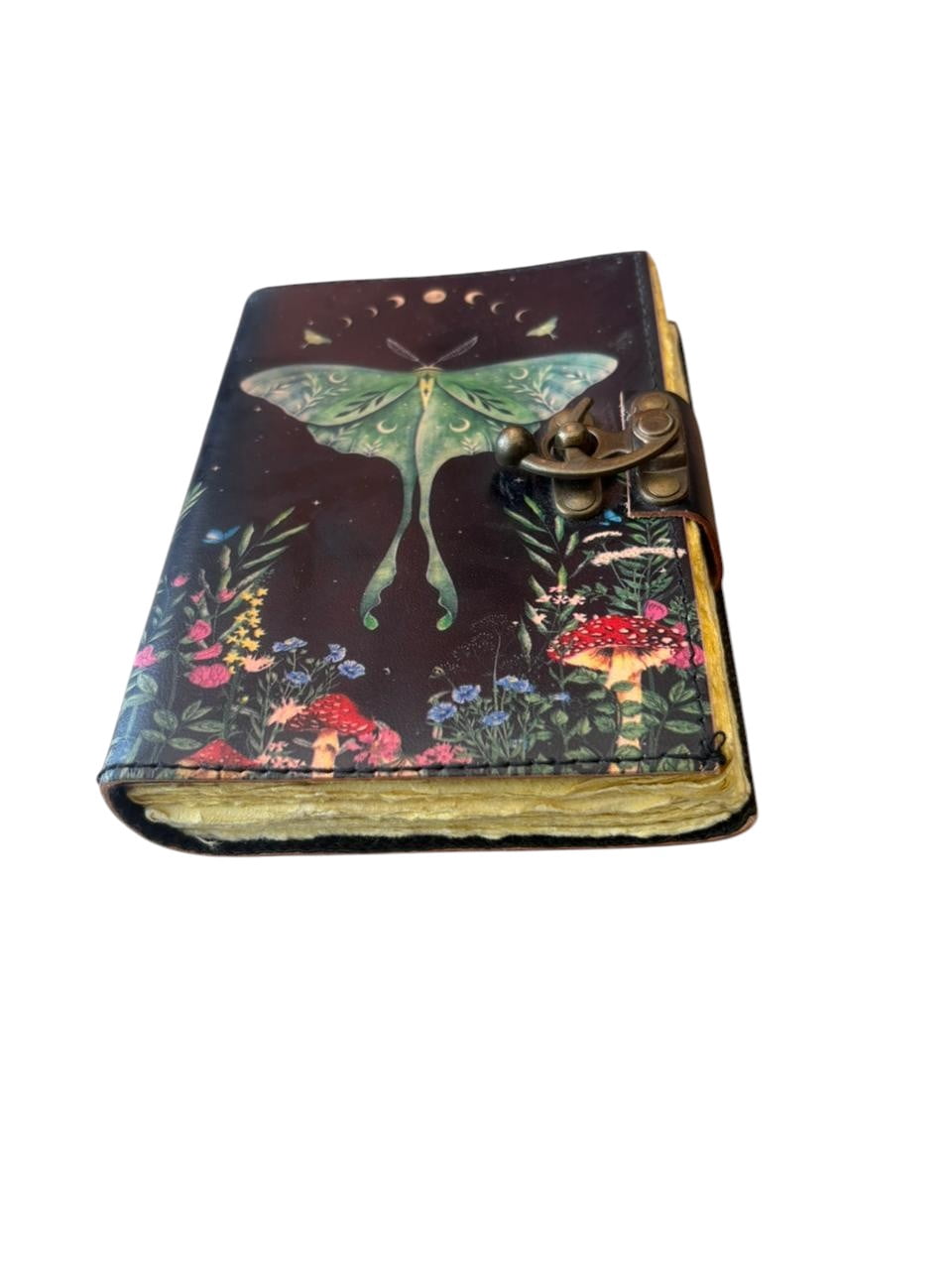 Handmade Leather Luna Moth Journal with Lock – Vintage Deckle Edge Paper Notebook (5x7 Inch, 200 Pages) – Nature Inspired Diary, Sketchbook