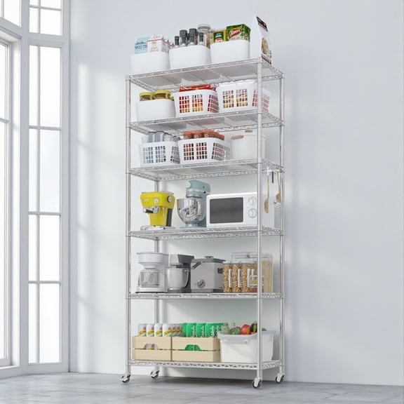 Tcbosik Heavy-Duty Wire Shelving Unit with Casters, 6-Tier Storage Rolling Utility Rack 1200Lbs Capacity, Adjustable Steel Shelves for Restaurant Garage Pantry, 35.4"W x 17.7"D x 78.7"H, Silver