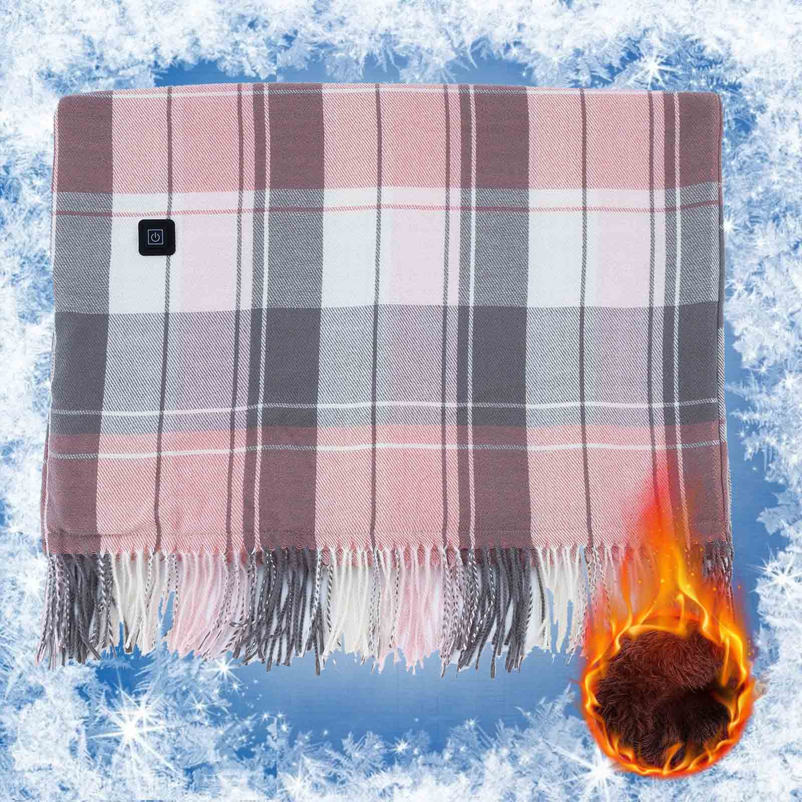 Heated Throw Blanket Battery Operated, Check Pattern Portable Cordless Heated Shawl Ponchol with 2 Heating Areas, Electric Wearable Heating Blanket (C)