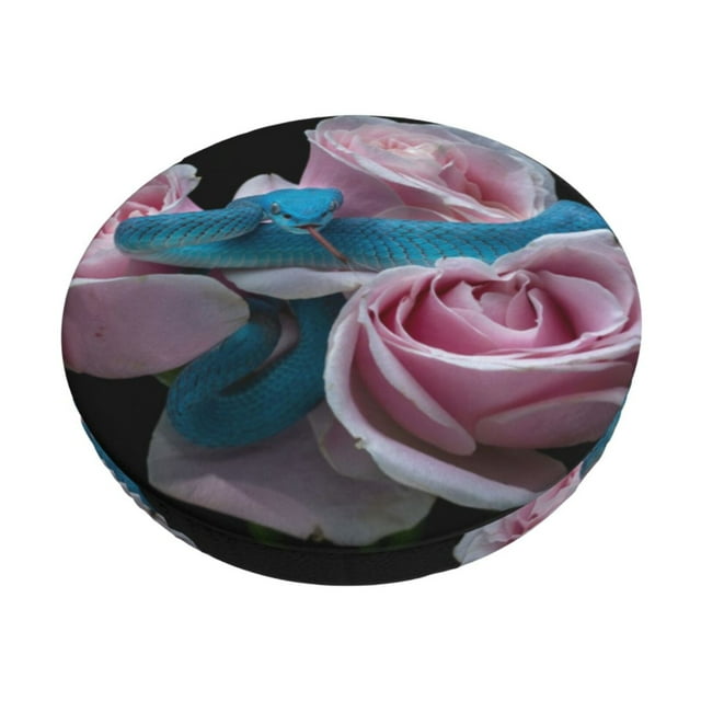 Saiise Housse de Coussin de Tabouret de Bar Imprimé Vipère à Lèvres Bleues et Trois Roses Roses, Coussin de Siège Rond pour Tabourets en Bois et Métal, Confortable et Durable-12 Pouces