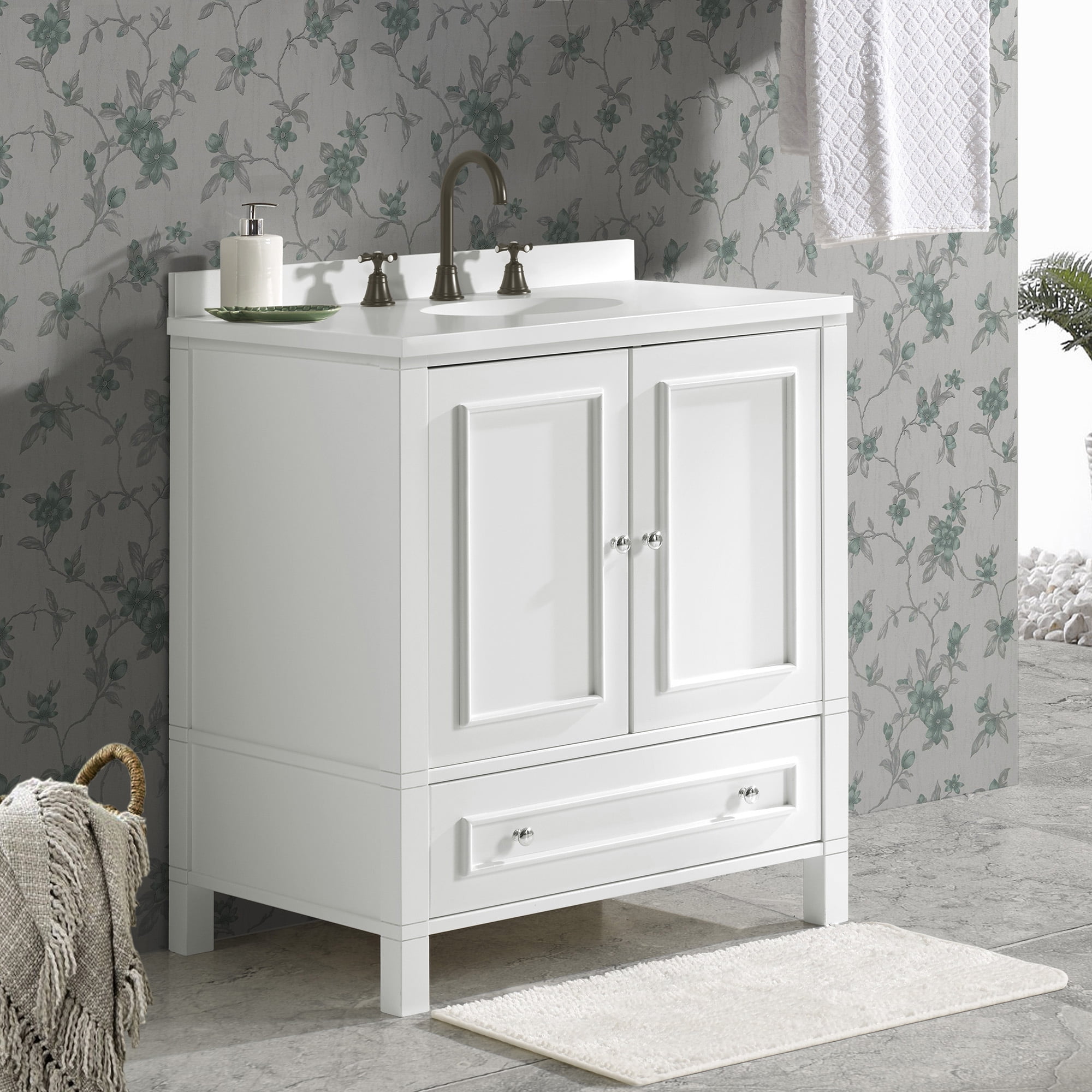 Alaterre Furniture 30in Wood Bathroom Vanity with Soft-Close Doors, White