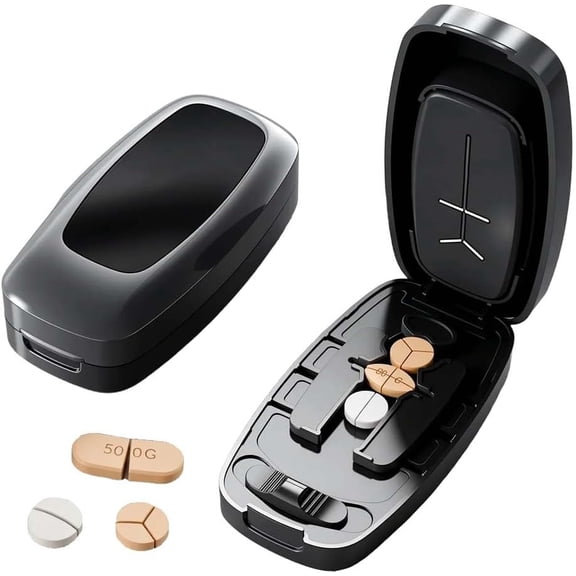 Portable Pill Cutter, 2026 Adjustable 1/2 1/4 Pills Cutter and Splitter for Multiple Pills, Pill Taker Household Gadgets, Accurate Centering Alignment Device (Black)
