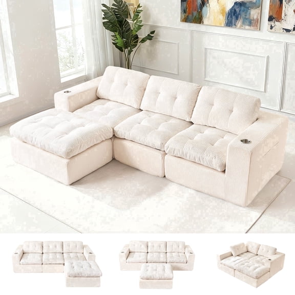 Fnkosi Modern Cloud Couch Sectional with L-Shaped Chaise, Ergonomic Support & Free Combination, Corduroy Sofa for Living Room, No Assembly Required, Beige
