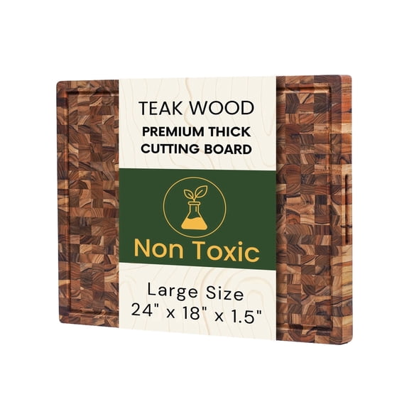 Teak Wood XL End Grain Butcher Block Cutting Board 24 x 18 Inch, Extra Thick Cutting Board for Meat & BBQ Prep, Knife-Friendly Cutting Board with Juice Groove & Handle by New M Way