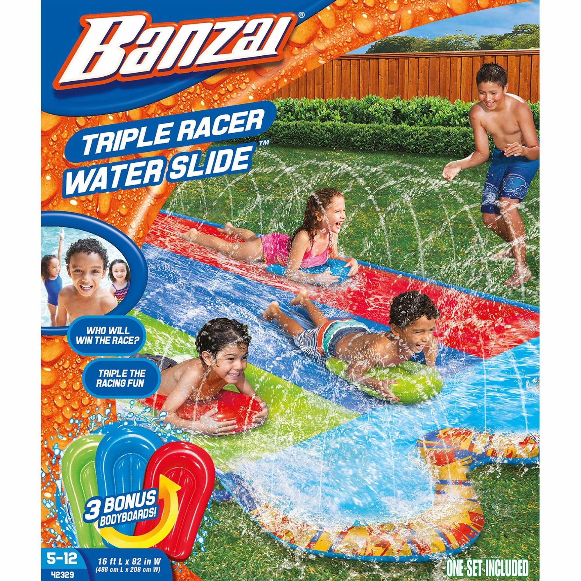 16.5 Feet Long Slide Banzai Triple Racer with Boogie Boards Included.