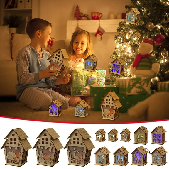 Glowing Wooden Snow House, Led Lighted Cabin, Christmas Tree Ornament, Diy Craft, Natural Wood, Home Holiday Decor,Vsgery
