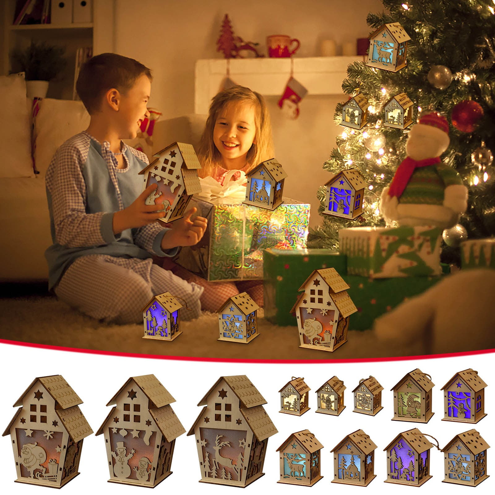 Christmas Glowing Wooden Houses - Snow House Tree Decorations & Pendants DIY Gift for Holiday Window Display Wooden Ornaments Festive Xmas Small Houses E