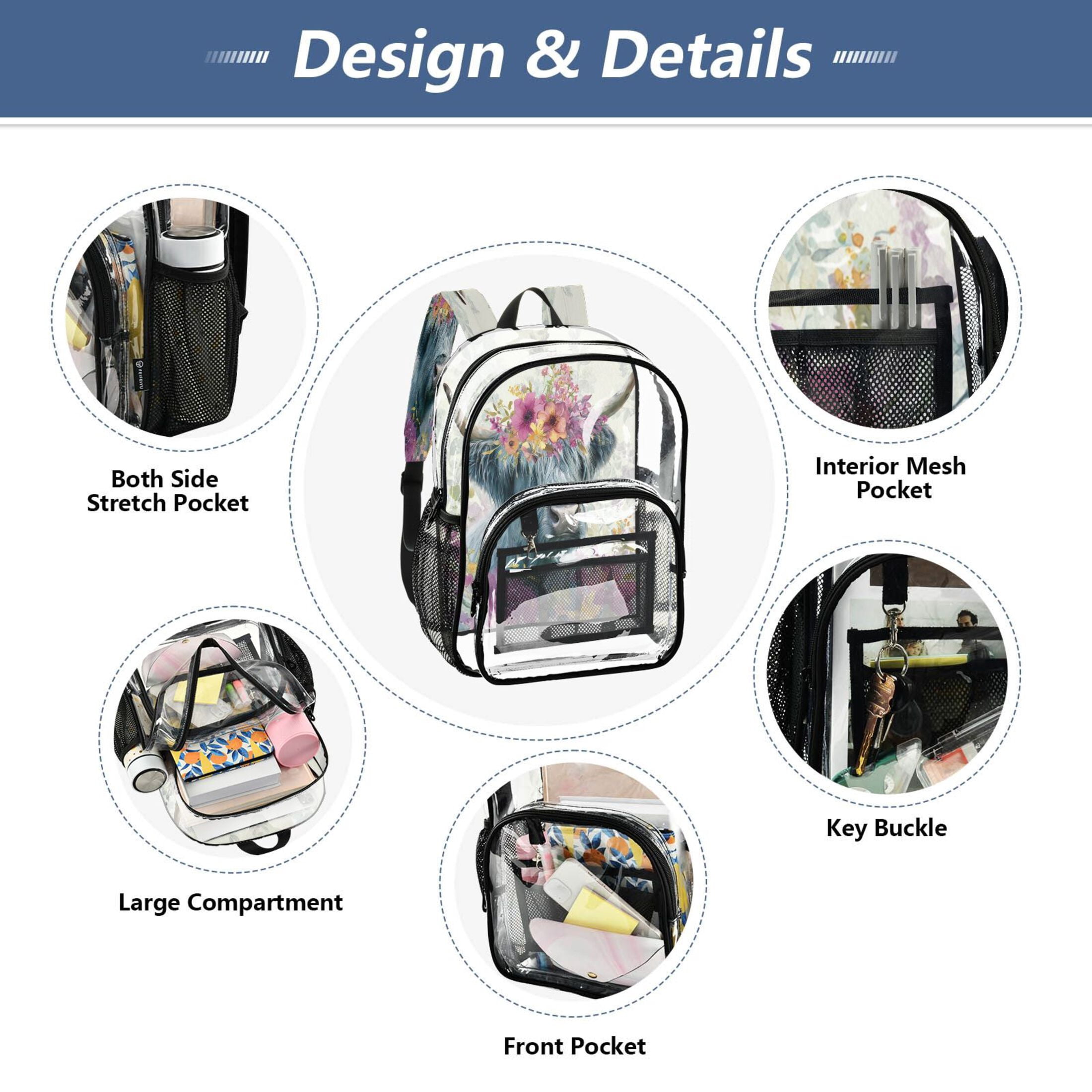 PVC Transparent Backpacks Clear Backpack for Travel and Outings Highland Cow with Wildflowers