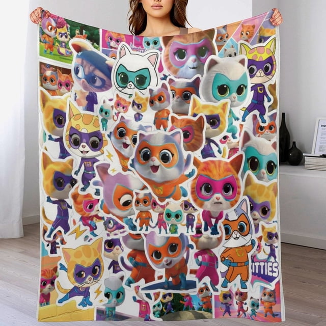 Manta de dibujos animados SuperKitties, súper suave, acogedora y cálida manta de felpa para niños y niñas, mantas de franela ligeras y difusas para sofá, cama, viajes, camping, regalos de 40 x 30