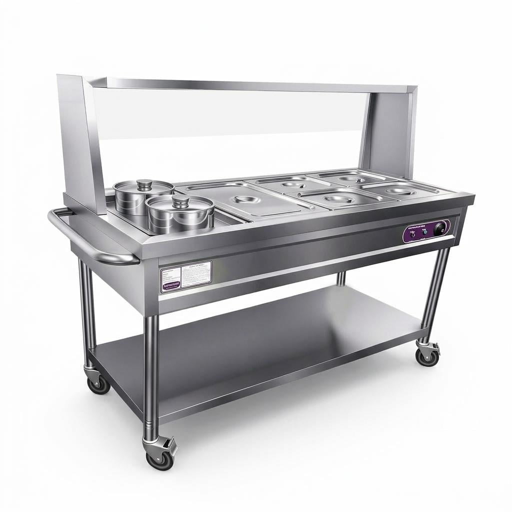 Adjustable Temperature 30℃-110℃ Commercial Food Warmer,Electric Steam Table with Shield Undershelf Wheels,Food Grade Stainless Steel Server for Hotel Catering