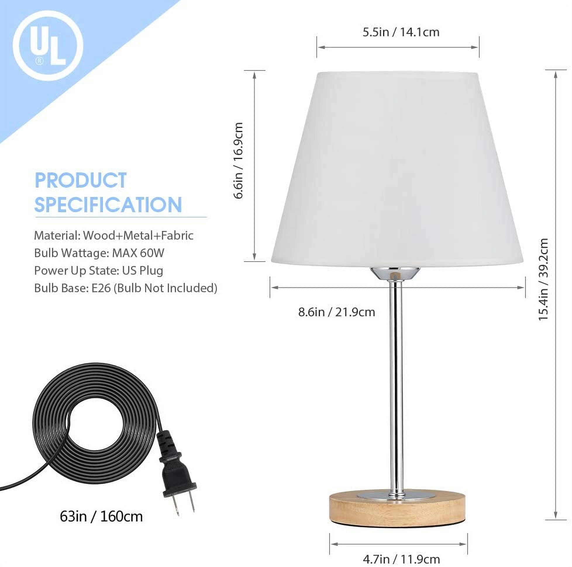 Small Table Lamps Set for Bedroom, Wood Desk Lamp with White Fabric Shade for Dresses, Nightstand, Bedside, Coffee Table in Living Room, College Dorm, Baby Room, Sliver