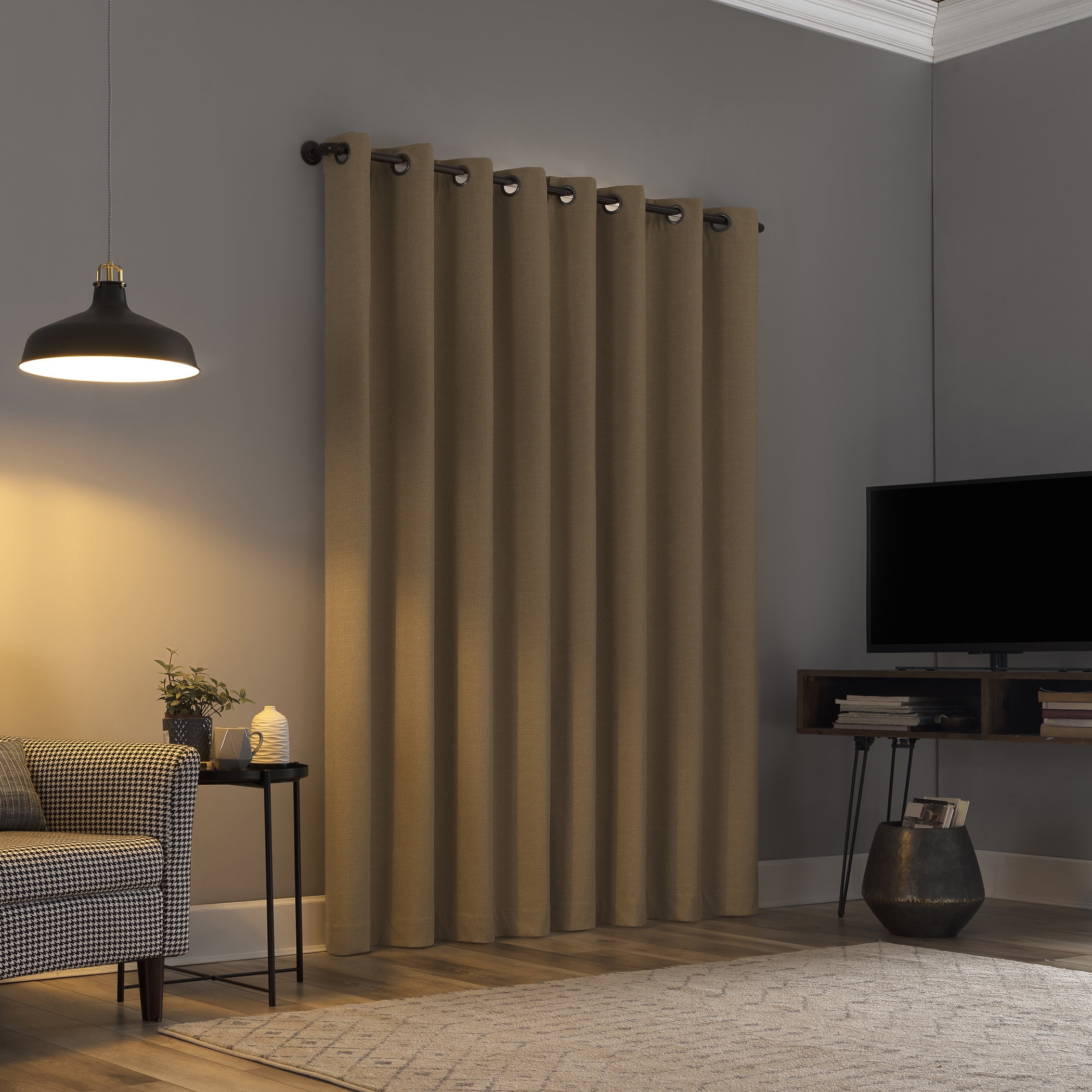 Sun Zero Channing Grid Texture Draft Shield Fleece Insulated 100% Blackout Grommet Curtain Panel, 50X63, Soft Gold