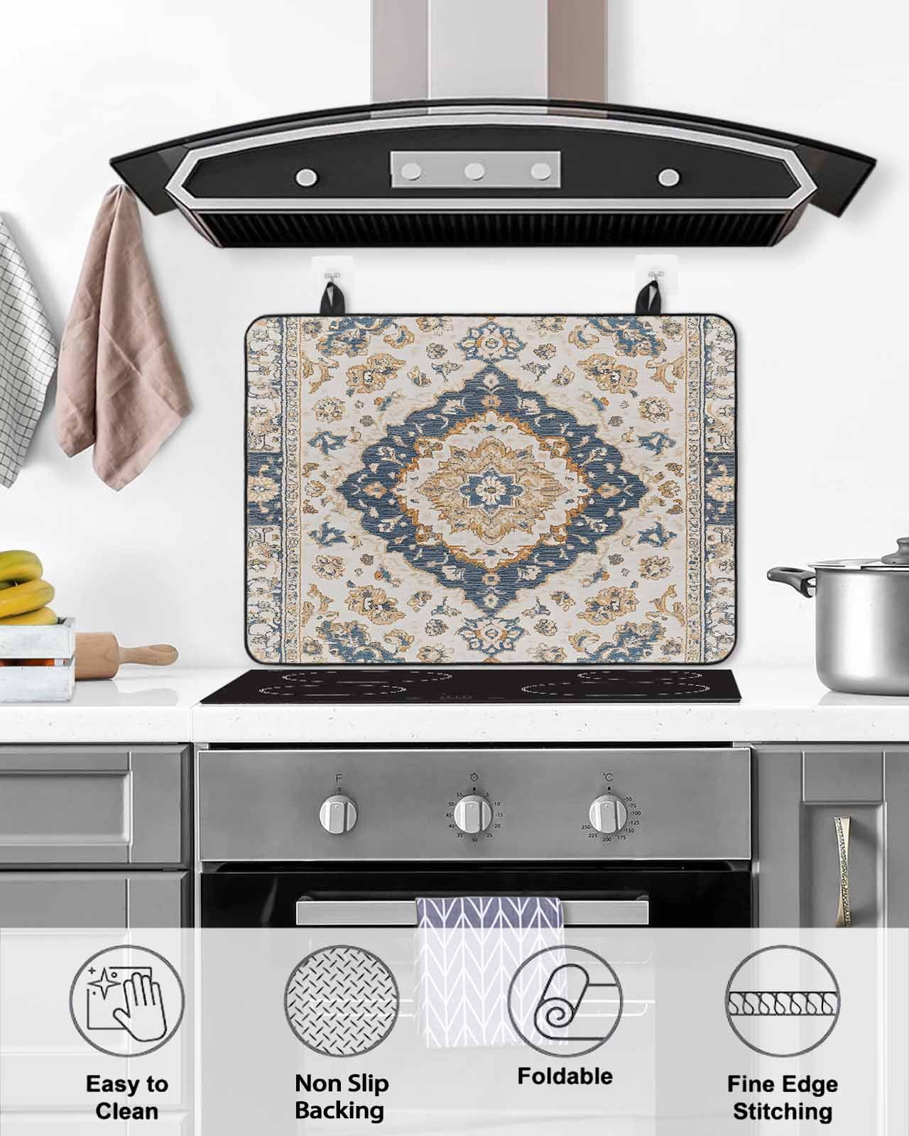 nqOlkjepod Large Induction Cooktop Protector Mat 24"x21", Blue Boho Stove Top Covers for Electric Stove, Southwestern Geometric Abstract Vintage Stove Burner Cover Mats, Glass Top Stove Cover