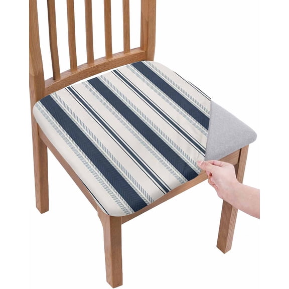Navy Blue Beige Chair Seat Covers for Dining Room Stretch Chair Seat Covers Set of 2, Retro Simple Abstract Vertical Stripes Chair Seat Protector Cushion Slipcovers for Kitchen Restaurant Office
