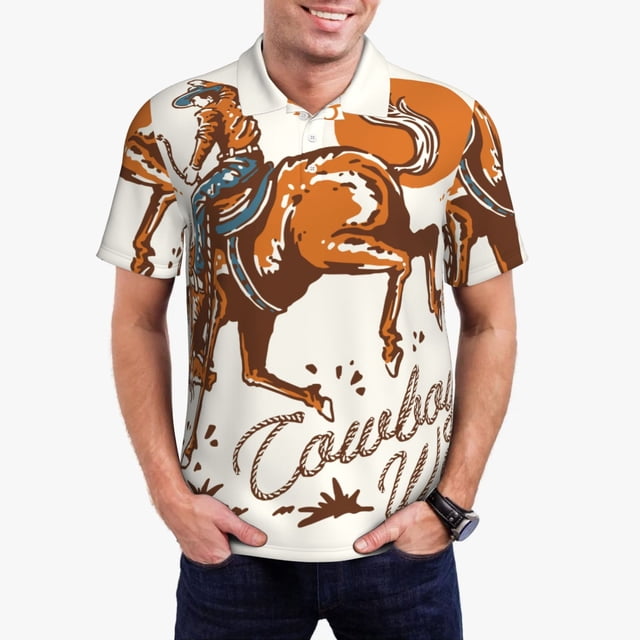 Xecao Cowboy Riding Horse Pattern Men’s Polo Shirt with Buttoned Collar Soft Breathable Casual Polo Shirt for Work, Leisure, and Outdoor Activities-X-Large