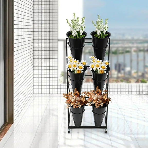 Black 3 Layers Flower Display Stand with Wheels, Moving Plant Stand with 6PCS Buckets, Black Flower Cart Shelf for Florist, Patio Garden