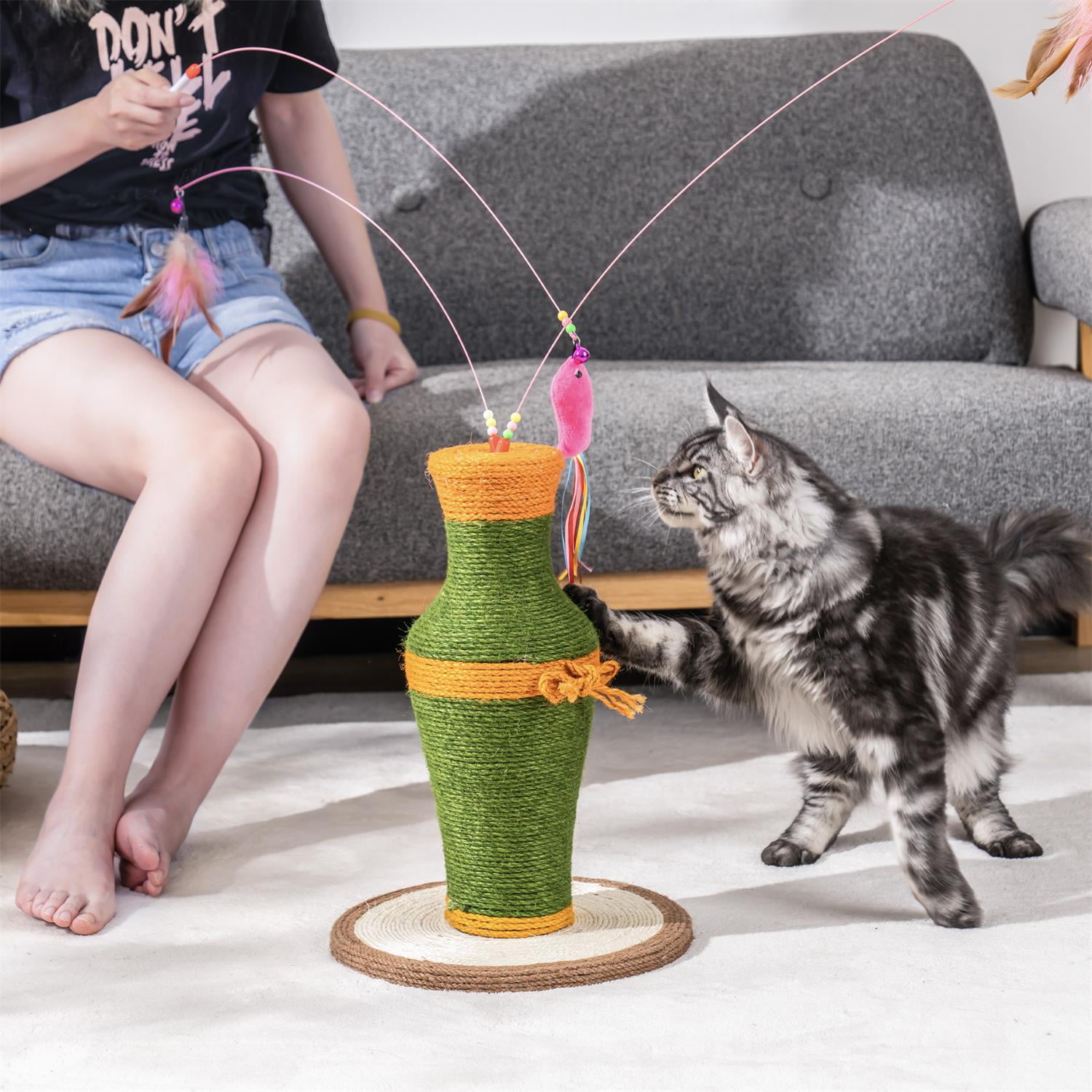 Pefilos 16" Tall Cat Scratching Post for Indoor Cats, Cat Toys Interactive Sisal Scratch Posts, Sisal Cat Teaser Wand Post, Sisal Cat Scratcher for Large Cats and Kittens, Green Pefilos 16" Tall Cat Scratching Post for Indoor Cats, Cat Toys Interactive Sisal Scratch Posts, Sisal Cat Teaser Wand Post, Sisal Cat Scratcher for Large Cats and Kittens, Green