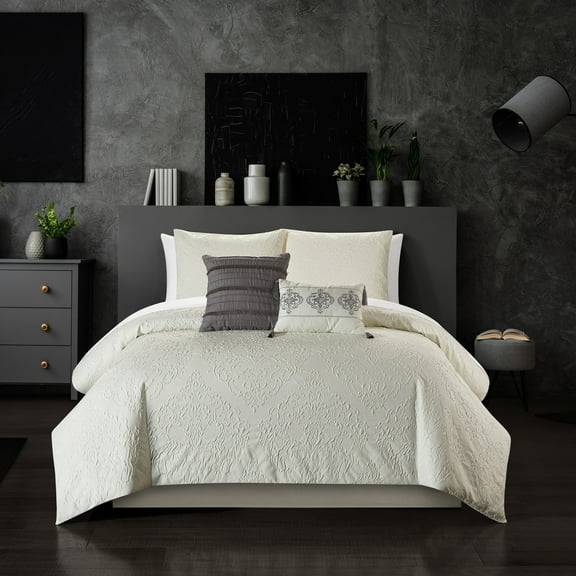 Magna 5 Piece Comforter Set Embossed Medallion Scroll Pattern Design Bedding