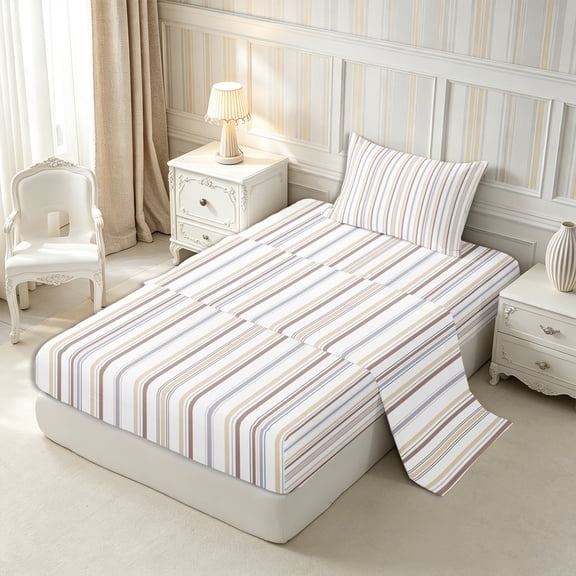 Castle Fairy Minimalist Vertical Stripe Twin Sheets 3pcs,Geometric Thin Line Bedding,Beige Brown Gray,1 Flat Sheet, 1 Fitted Sheet and 1 Pillowcase