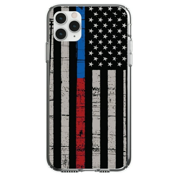 DistinctInk Clear Shockproof Hybrid Case for iPhone 12 Pro MAX (6.7" Screen) - TPU Bumper, Acrylic Back, Tempered Glass Screen Protector - Thin Blue Line Thin Red Line US Flag - First Responders