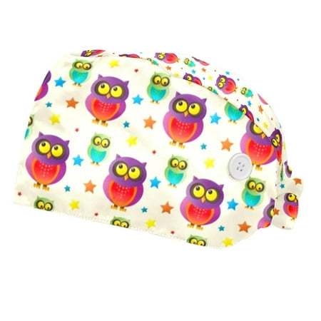 

2PCS Working Cap with Buttons and Sweatband Adjustable Tie Back Hats Bouffant Caps Owl Scrub Turban Hat