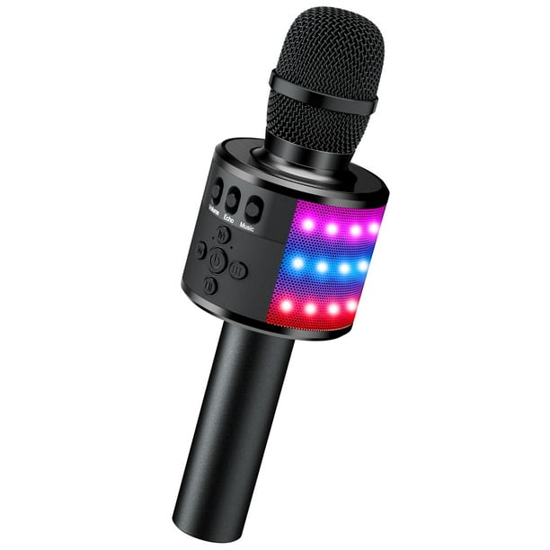 BONAOK Micrófono de karaoke inalámbrico Bluetooth con luces LED, micrófono portátil 4 en 1 con altavoz, reproductor de karaoke, canto, juguetes de fiesta en casa, regalo de cumpleaños para niños, adul