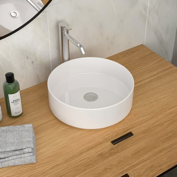 Modern Bathroom Vanity 15.75"x15.75" White Ceramic Vessel Bathroom Sink,Wooden Bathroom Vanity