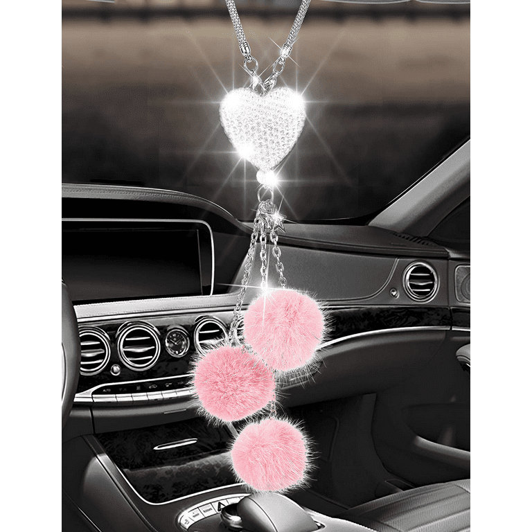 Bling Car Accessories for Women ＆ Men Bling White Heart and Pink Fuzzy  Drops Bling Rinestones Diamond Car Accessories Crystal Car Rear View Mirror  Charms,Lucky Hanging Accessories (Pink) 