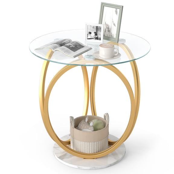 Gymax Round End Table Faux Marble Side Table w/Tempered Glass Tabletop & Metal Frame