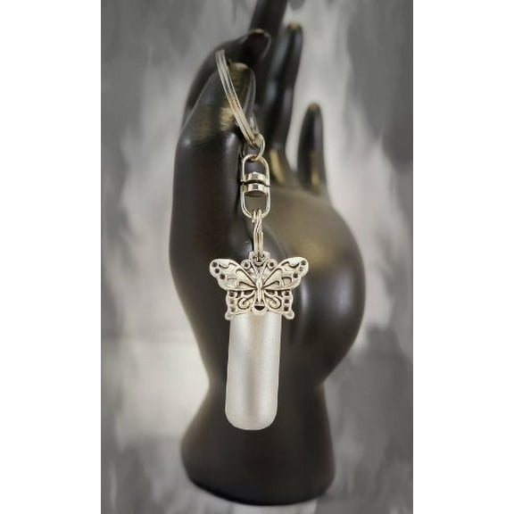 Engraved Brushed Silver CREMATION URN with Large Butterfly on Swivel Stainless Steel Keychain - Includes Velvet Pouch & Fill Kit