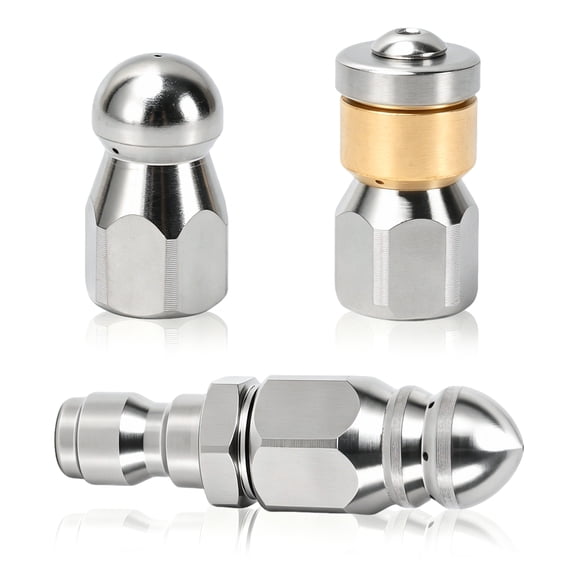 Sewer Jetter Nozzle Kit, 3-Pack Stainless Steel Jet Nozzles with Rotating, Button Nose, and Fixed Models, 1/4” Quick Connect, Up to 5000 PSI for Pressure Washer Drain Cleaning