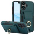 thumbnail image 2 of Premium PU Leather for iPhone 16 Card Slots Wallet Back Case, Classic with Ring Kickstand Magnetic Button Stylish Drop Protection Phone Case Cover for iPhone 16, Green, 2 of 9