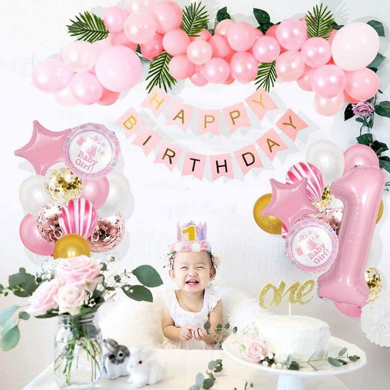 1st BIRTHDAY DECORATIONS for Girl Pink Theme Kit Set Baby Girl