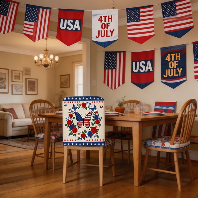Aufmer 4th Of July Dining Chair Cover Gnome Star Butterfly Printed Polyester Slipcover Patriotic Decorative Chair Protector For Kitchen Living Room Holiday Layout