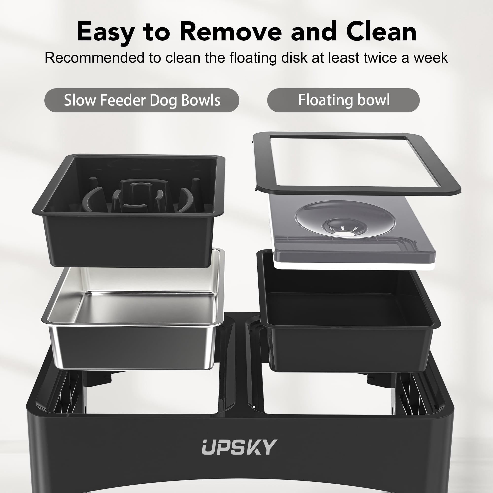UPSKY 3-in-1 Elevated Dog Bowls Slow Feeder, 4 Height Adjustable Raised Dog Bowl Stand No Spill Dog Water Bowl Dispenser, Stainless Steel Dog Food Bowl and Water Bowl for Small Medium Dogs