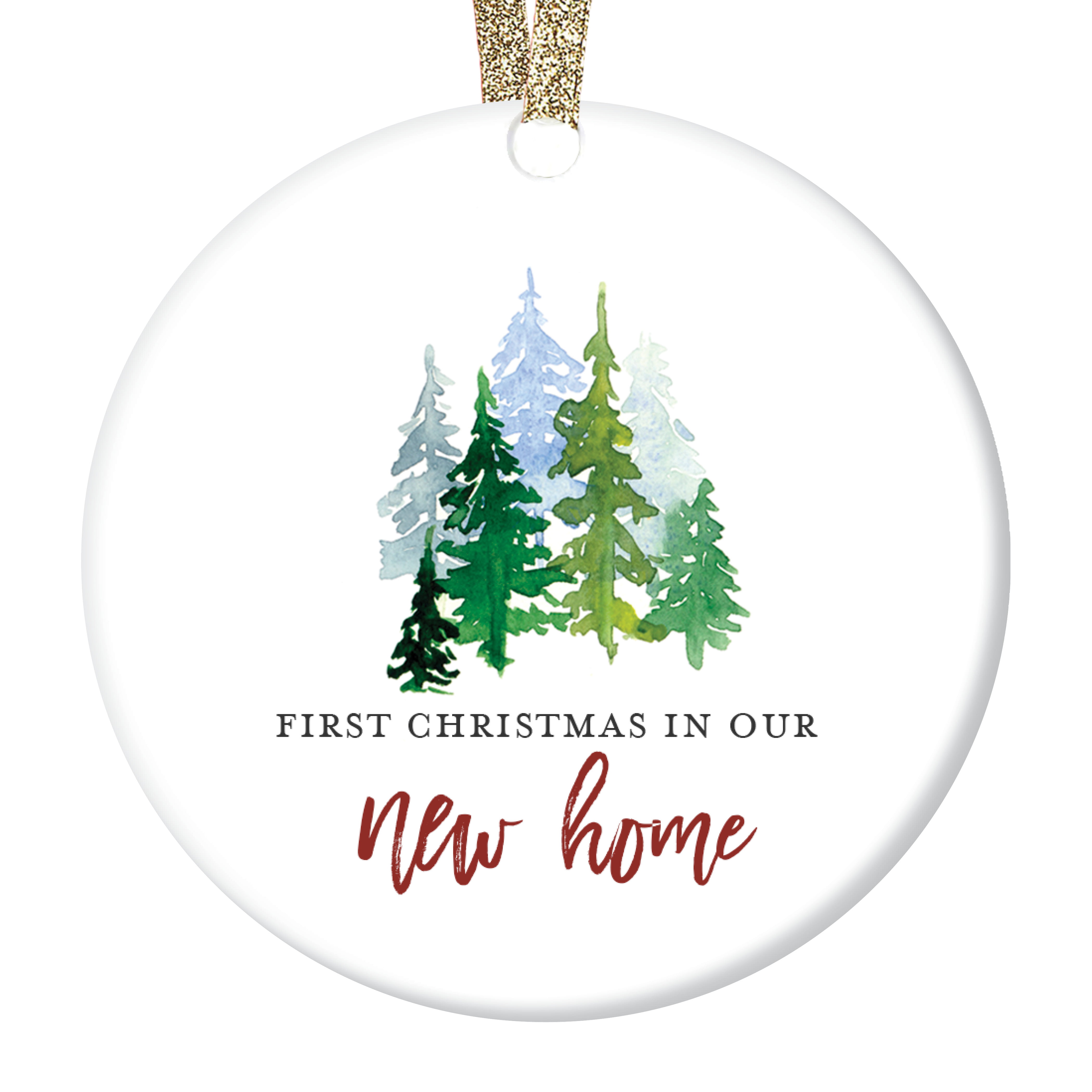 Winter Woodland Ornament Housewarming Gift Homeowner Present First Christmas in Our New Home 2019 Christmas Ornament 3 Inch Flat Ceramic Ornament with Gift Box 