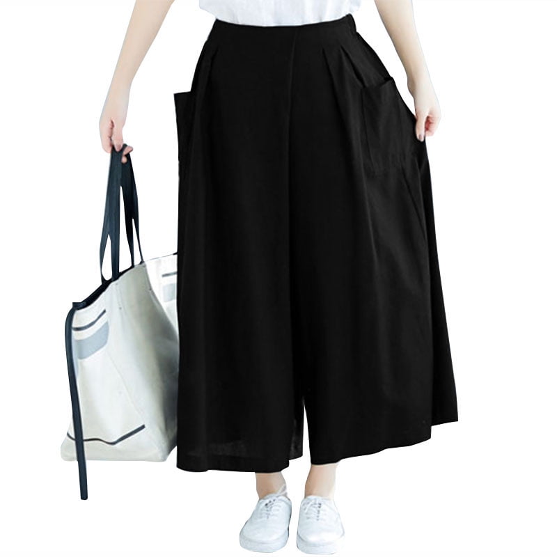 MTONY LLC Women Elastic Waist Wide Leg Pants Cropped Side Pockets
