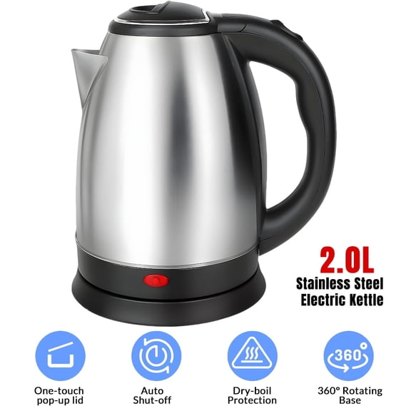 2.0L Stainless Steel Electric Kettle, 110V 1000W Fast Boil Water Boiler with One-Touch Operation and Pop-Up Lid