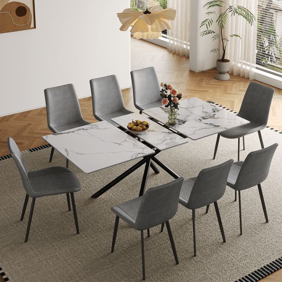 59" Extendable Dining Table Set for 8, Modern Kitchen Table with 8 PU Leather Dining Chairs, 9-Piece Dining Room Furniture Set, Black