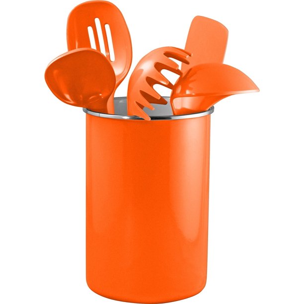 Enamel on Steel Utensil Holder & 5 Piece Utensil Set, Orange, Set