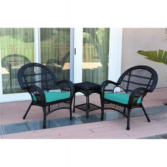 W00211-2-CES032 Santa Maria Black Wicker Chair Set, Turquoise Cushions - 3 Piece