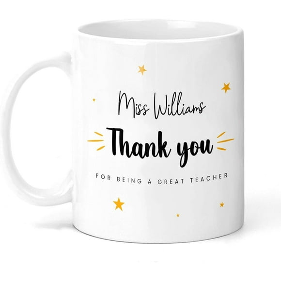 Teacher Appreciation Coffee Mug, "Thank You For Being A Great Teacher", White Ceramic With Stars Design, End Of Term Gift, Back To School, Birthday, 11oz