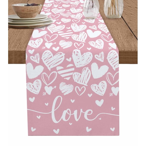 Ldtrchee Pink Valentines Table Runner 108 Inches, White Love Heart Bed Runner Dresser Scarves Tabletop for Indoor Outdoor Parties/Ceremony/Banquet, 13"x 108"