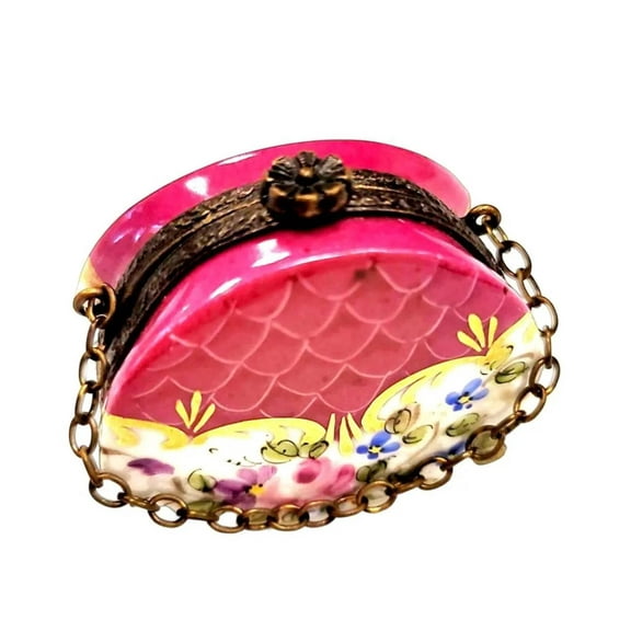 Hot Pink Purse w/ Flowers Brass Limoges Box Figurine Limoges Box Porcelain Figurine