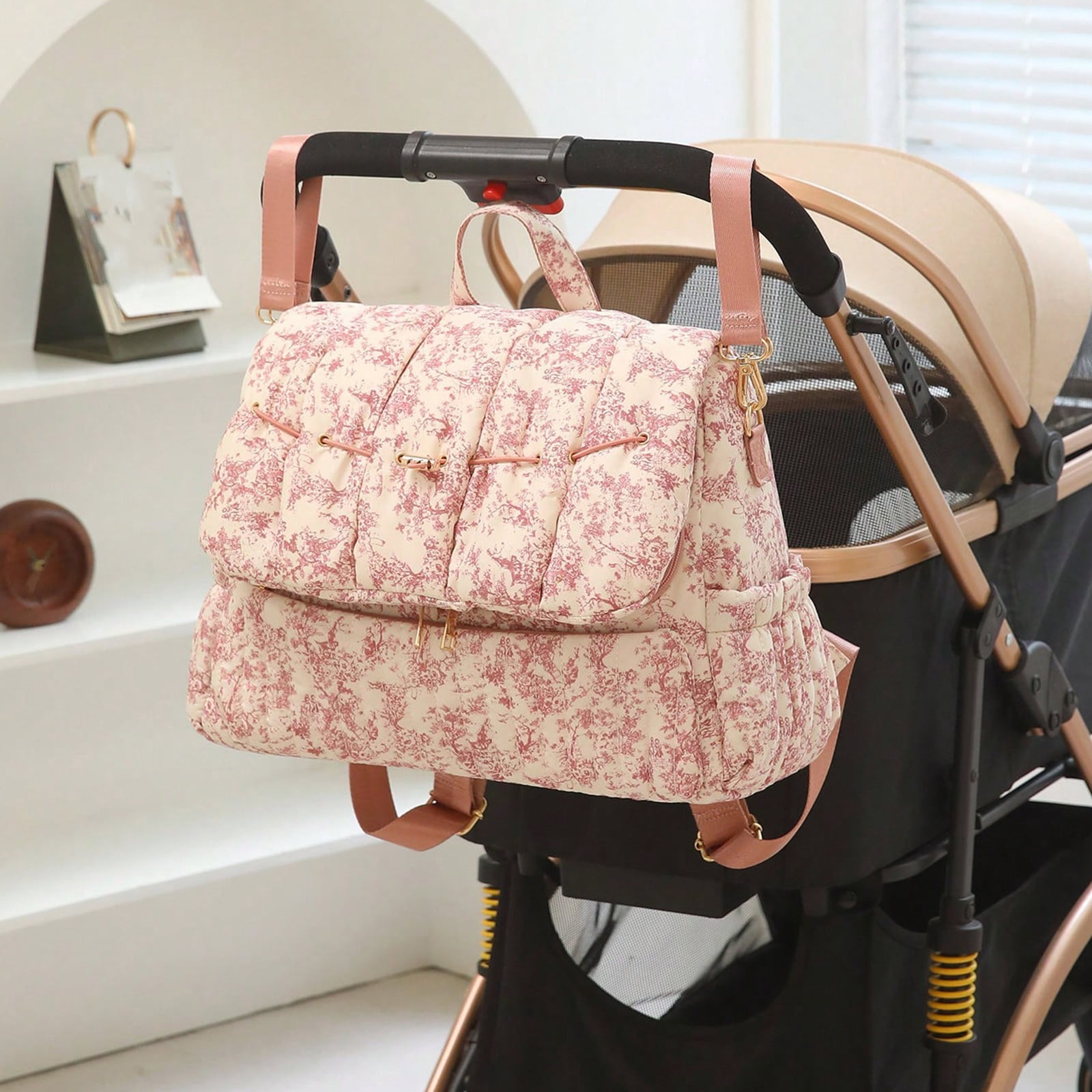 HAHUT Aesthetic Quilted Floral Diaper Bag Backpack with Stroller Straps, Multi-Functional Nylon Embroidered Laptop Backpack for Work Travel Casual (Red)