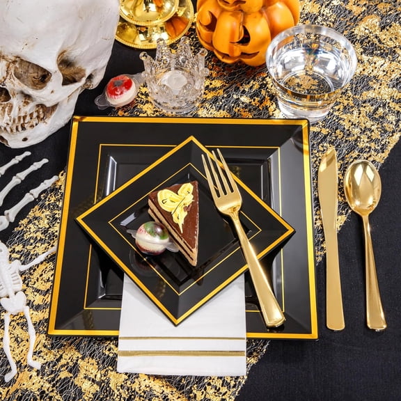 350Pcs Black and Gold Plastic Plates - 50 Guests Disposable Square Black Dinnerware Set