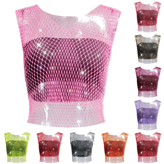 ChoXxx Women's Rhinestone Fishing Net Short Sleeve Vest Pink L