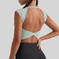 thumbnail image 4 of Athletic Tops for Women Open Back Cutout Cap Sleeve Cross Wrap Hem Crop Shirts Built-in Bra Pads Stretchy Breathable Slim Fit Workout Tees Gym Running Summer Streetwear Outfits Green 2XL, 4 of 8
