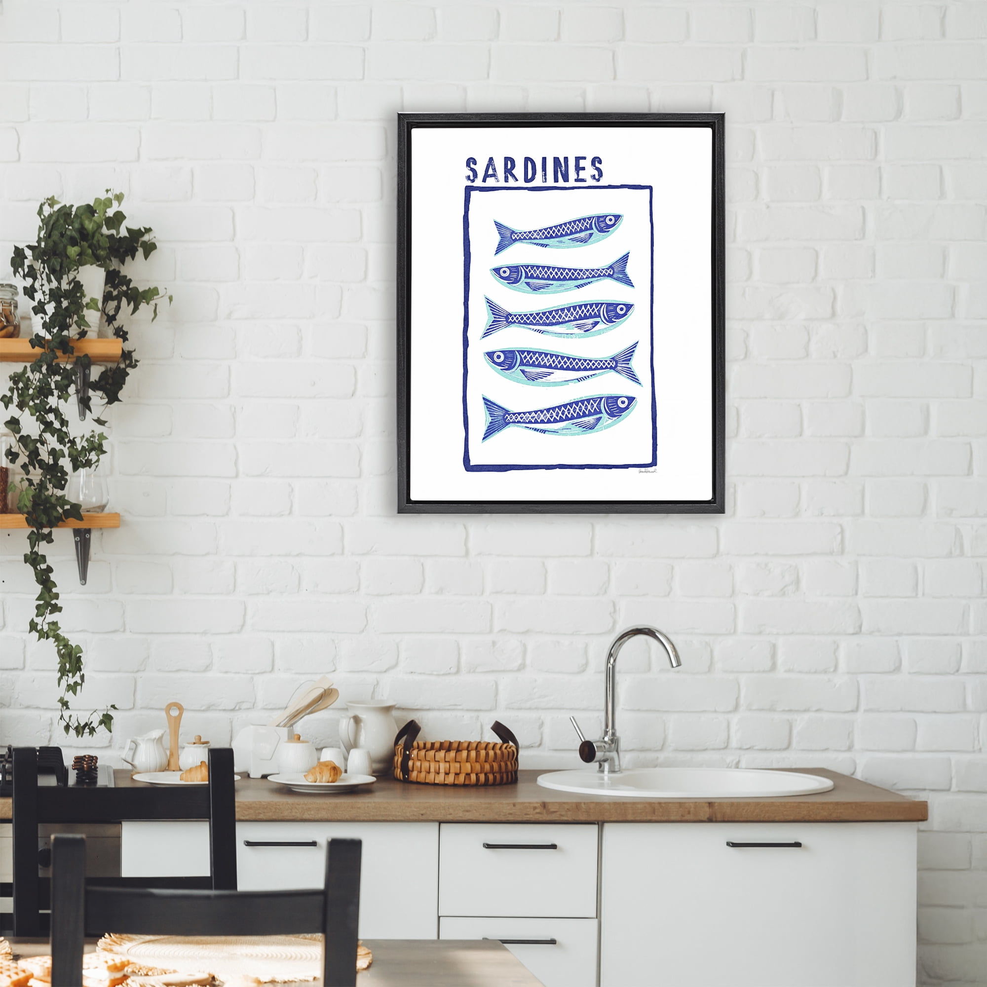 Stupell Industries Blocked Sardines Pattern Black Framed Floater Canvas Wall Art, design by Amanda Greenwood