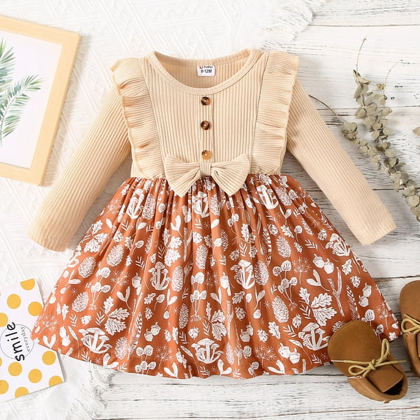 PatPat Baby Girl Ribbed Ruffle Bowknot Dress,Infant Long Sleeve Splicing Casual Floral Print